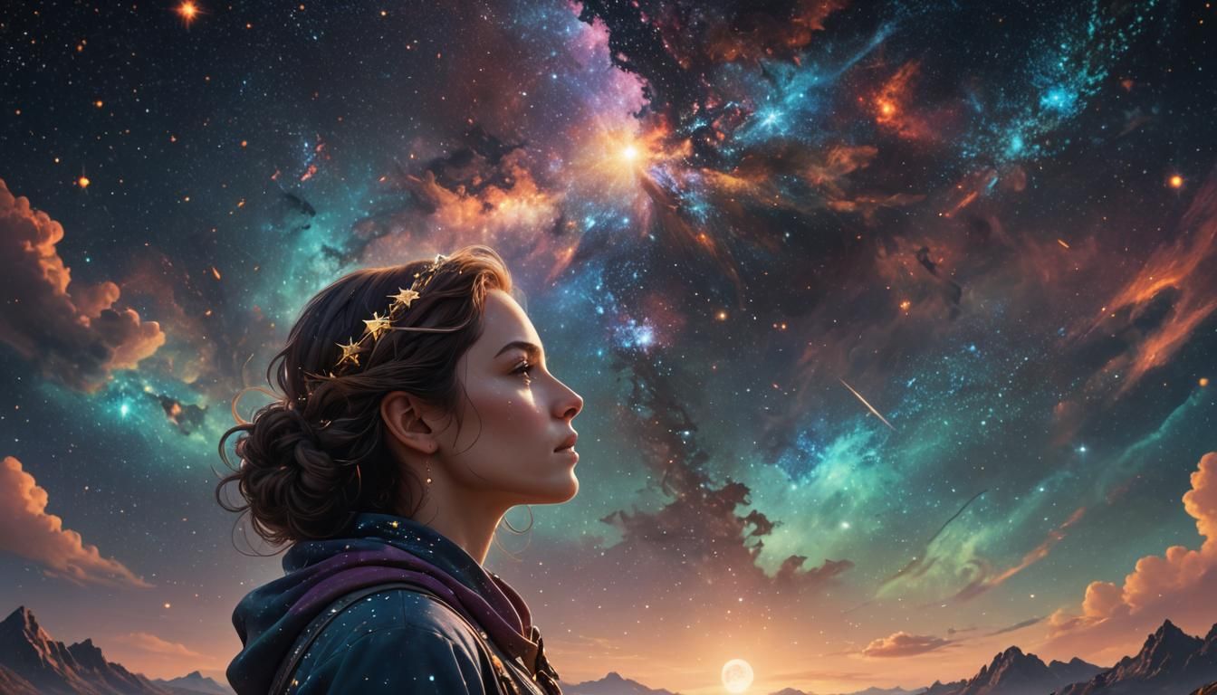 Woman in Starry Sky, Detailed Digital Art