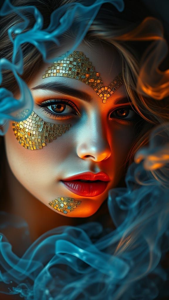 Ethereal Goddess with Mosaic Face in Smoldering Blue and Ora...