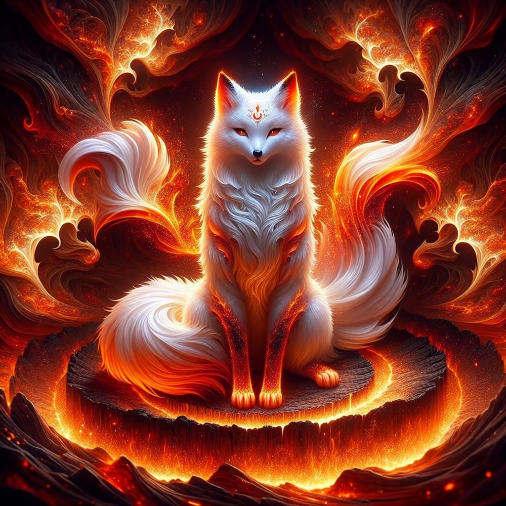 Fiery Kitsune in Volcano Fractal Art