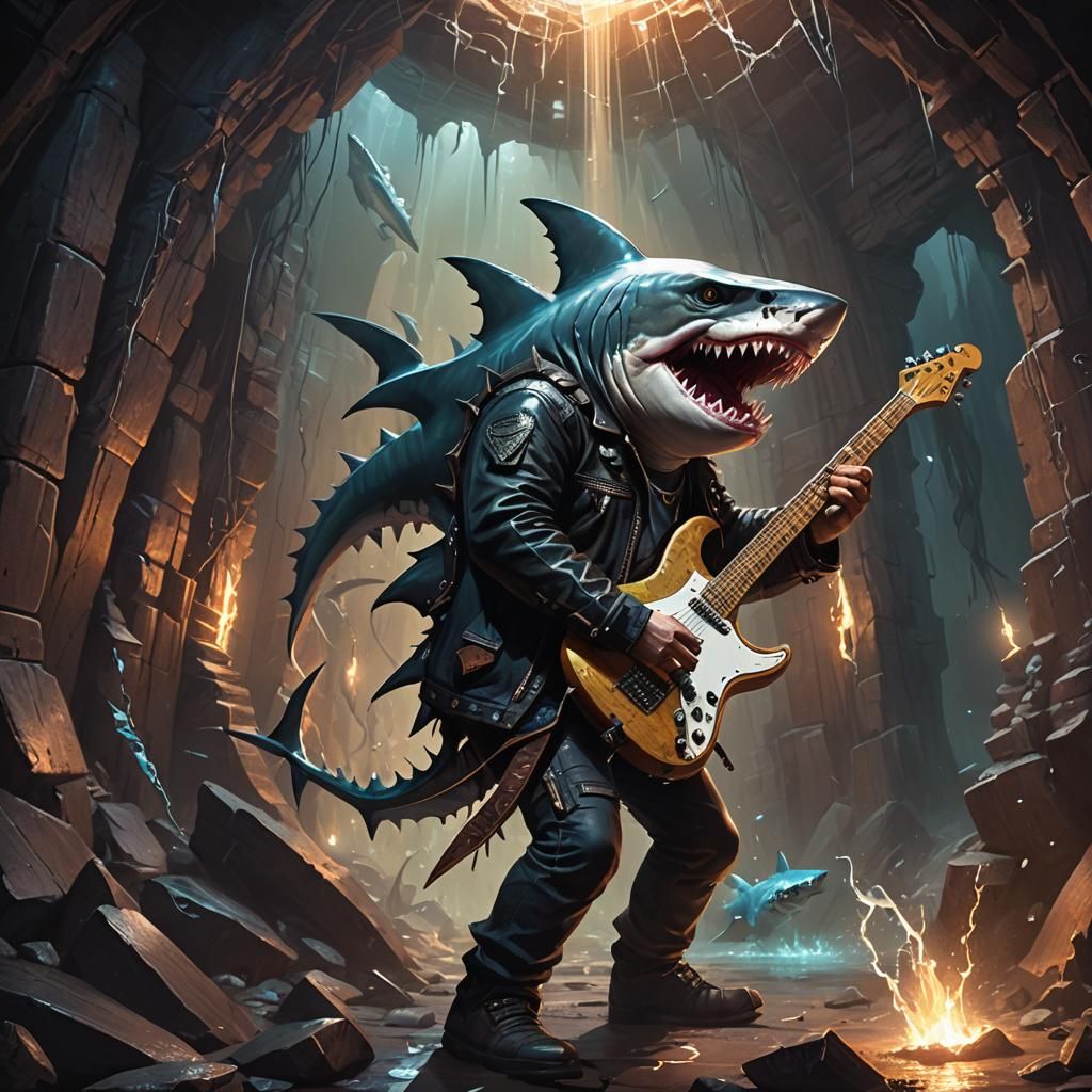 Shark Guitarist in Mystical Cavern, Dark Fantasy Art