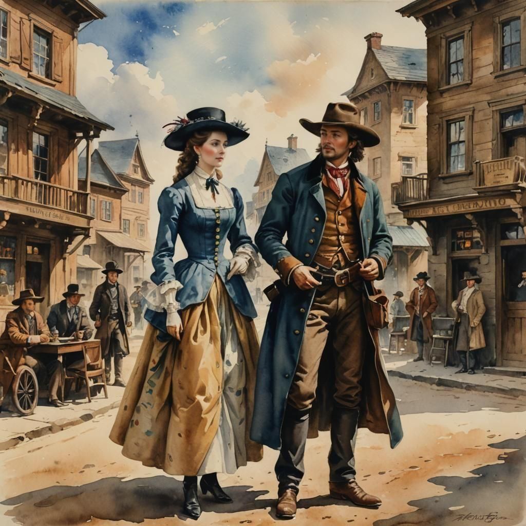 Romantic Western Scene in Watercolor Style, Circa 1650