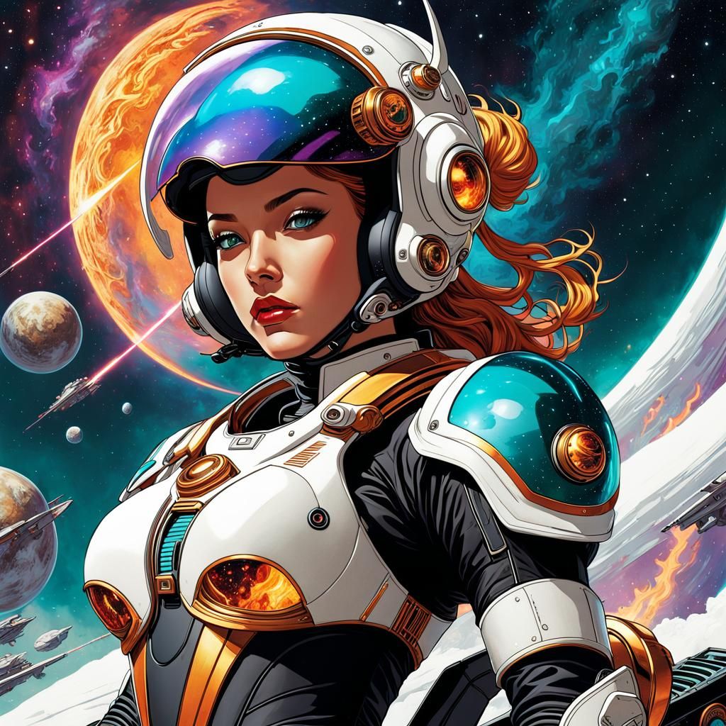 Spacegirl on Jetski in Amber and Violet Hues