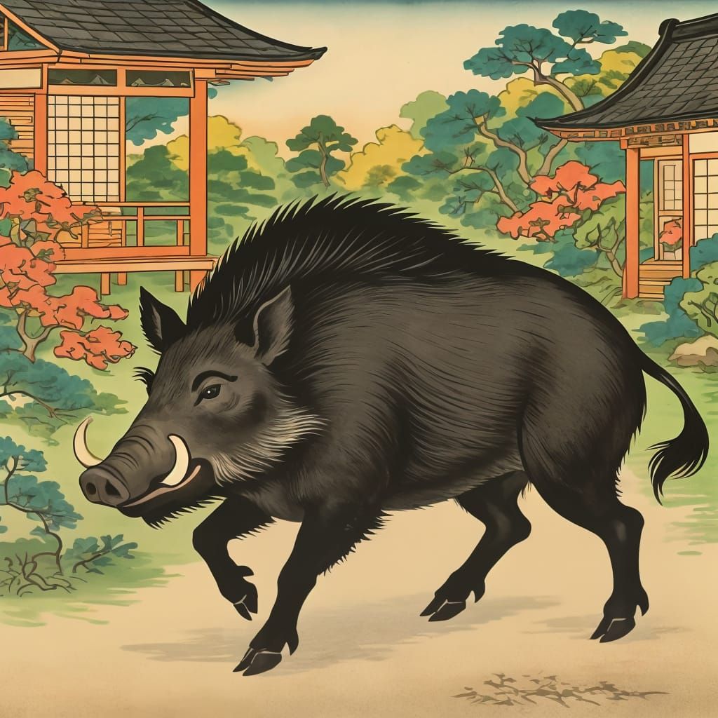 Ukiyo-e Style Wild Boar Dancing in Japanese Garden