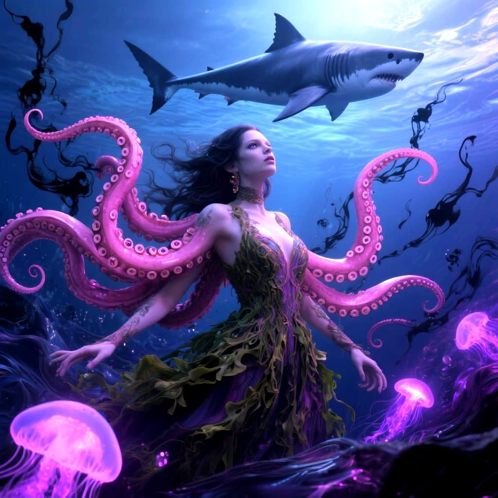 Tempestuous Squid Woman Hiding in Flowing Black Ink