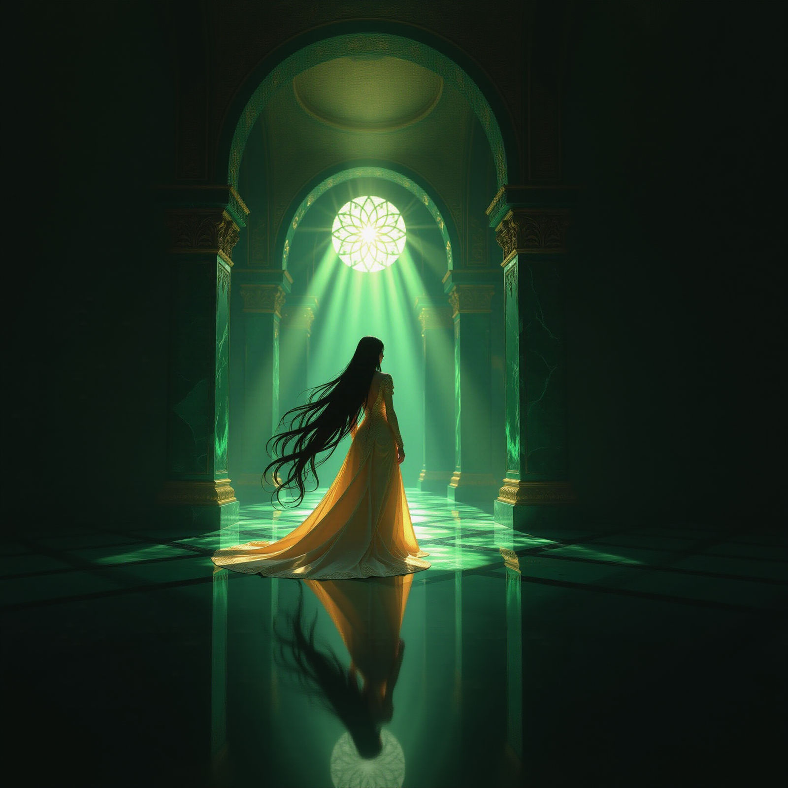 Woman in Golden Dress in Dark Green Stone Palace
