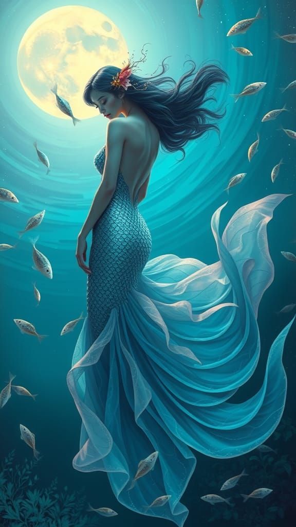 Ethereal Mermaid in Bioluminescent Ocean, Digital Art