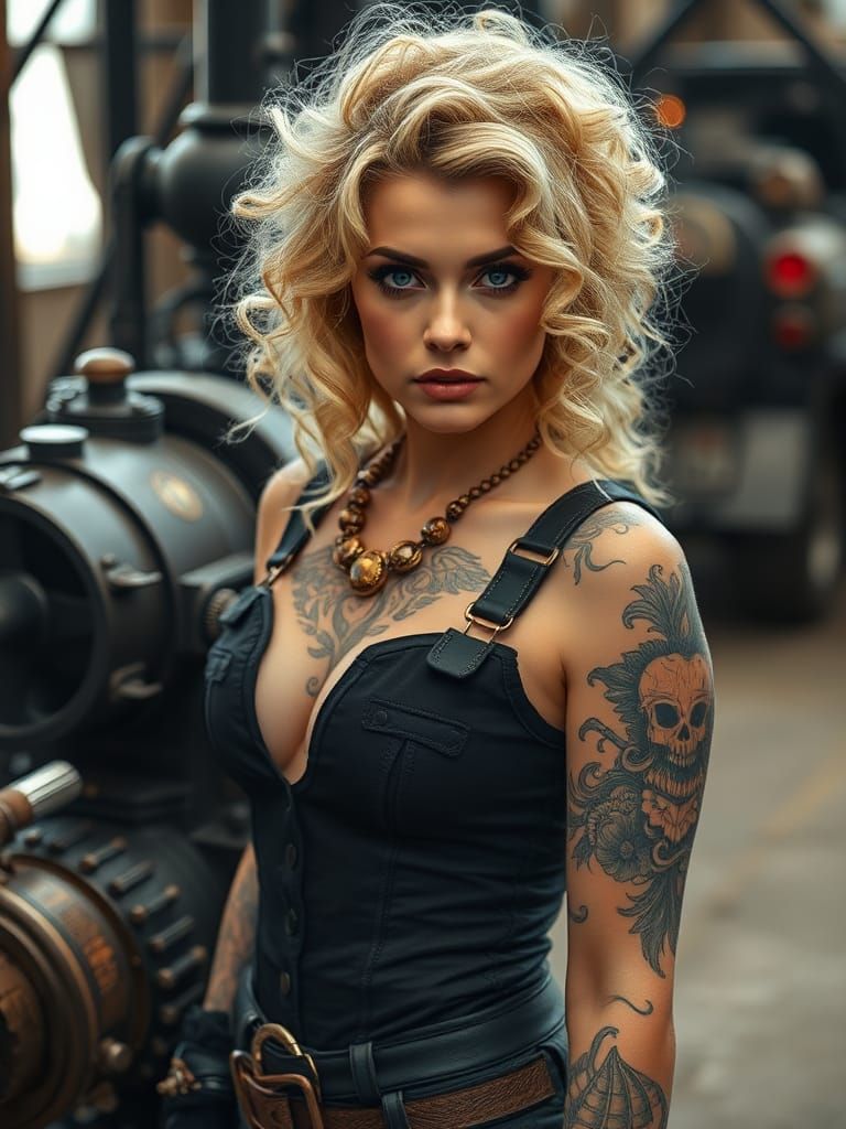 Steampunk Woman with Tattoos and Blue Eyes