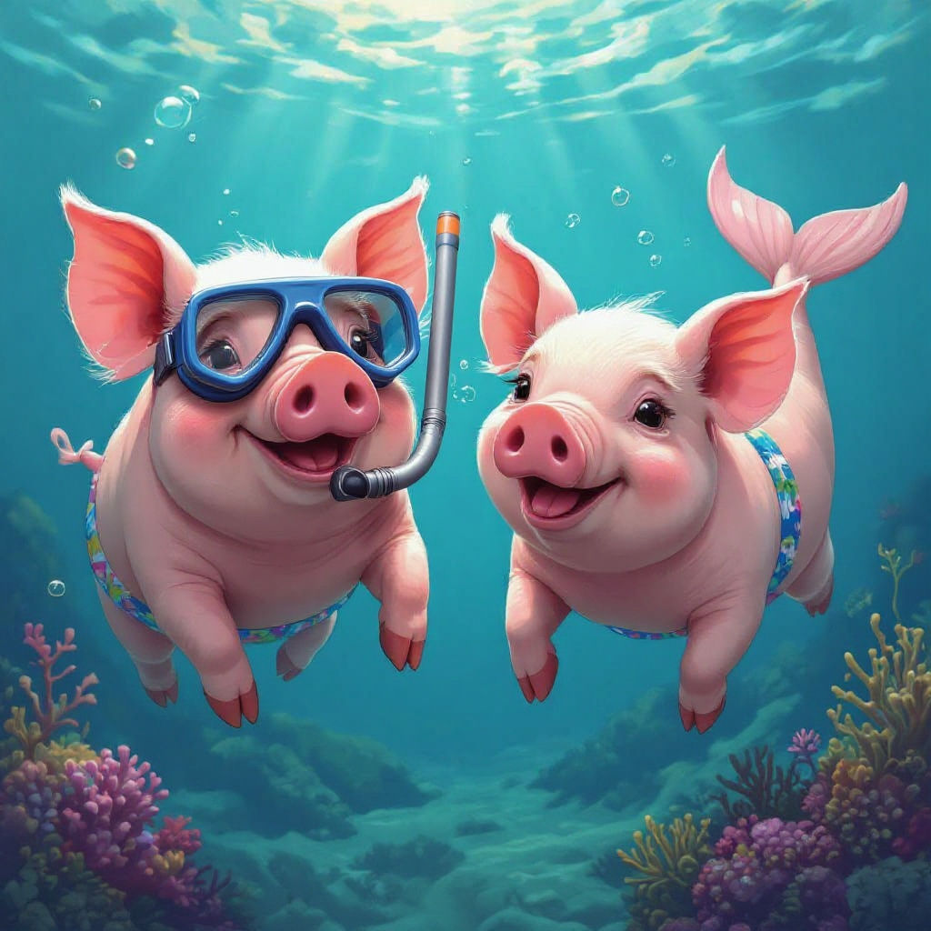 Cute Whimsical Merpig and Swimmer in Underwater Fantasy