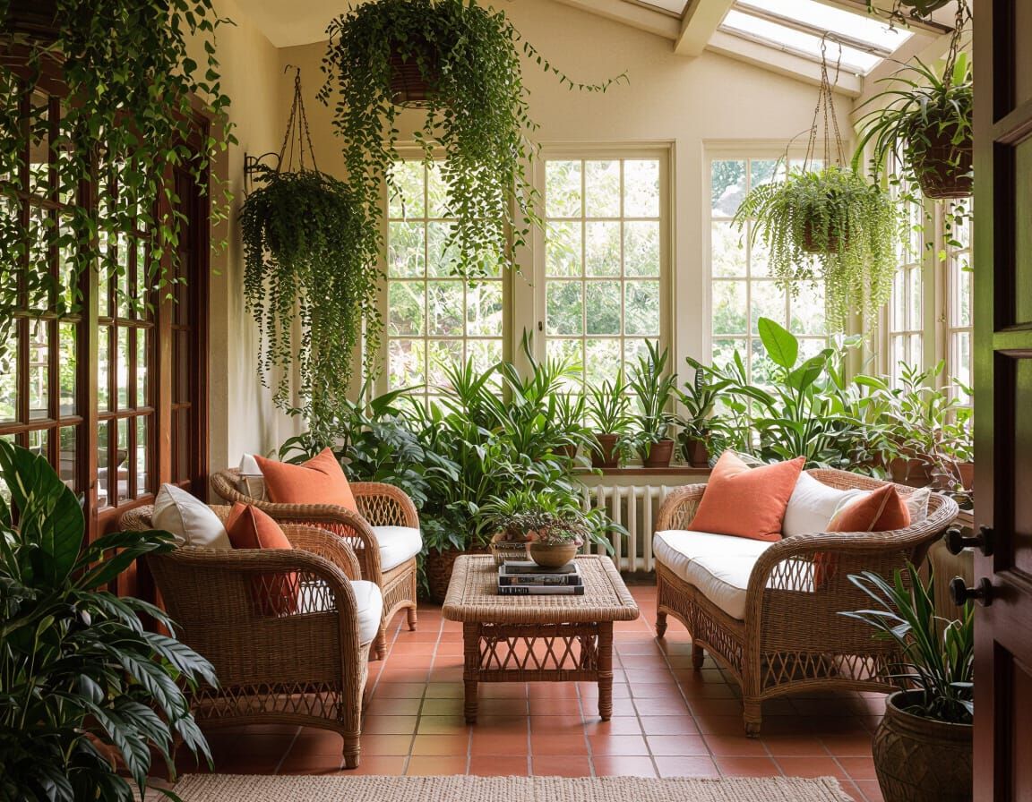 Lush Conservatory with Rattan Furniture, in Naturalistic Sty...