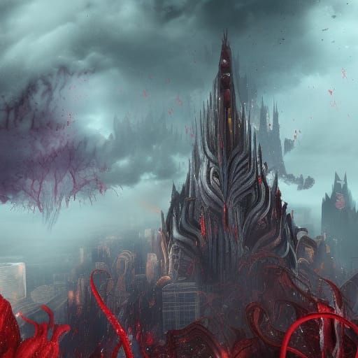 Tentacled City with Purple Eyes, Detailed Matte Painting