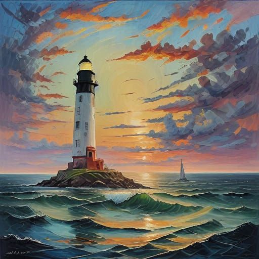 Lighthouse on Lake Michigan at St. Joseph, MI.  It is black over white and sits on a long pier It is a rainy day and the...