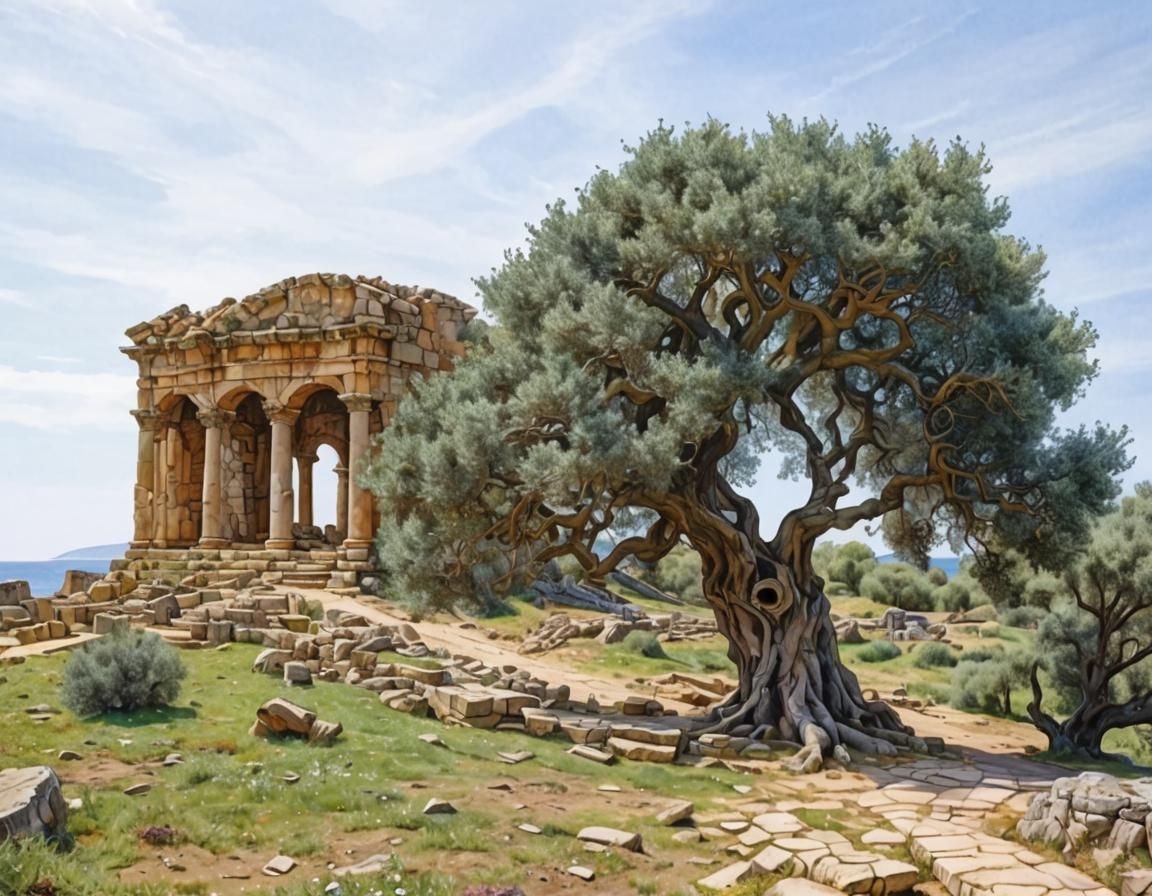 Olive Tree and Ruins in Whimsical Watercolor