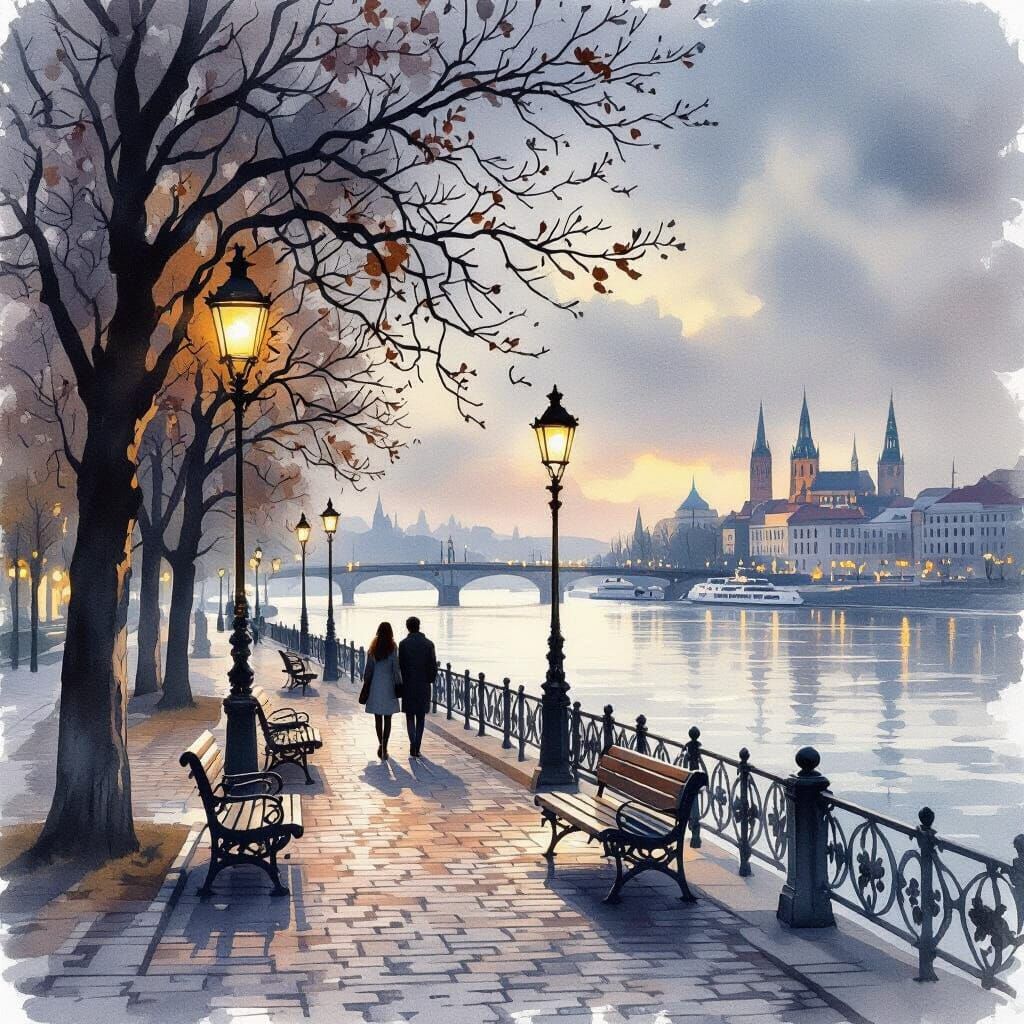 Danube Riverside View with Strolling Couple