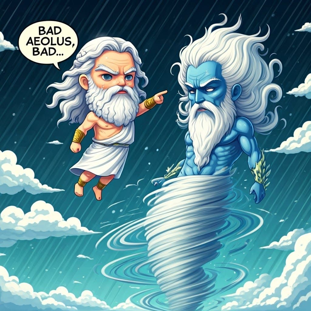 Chibi Zeus Scolds Aeolus in Anime Style
