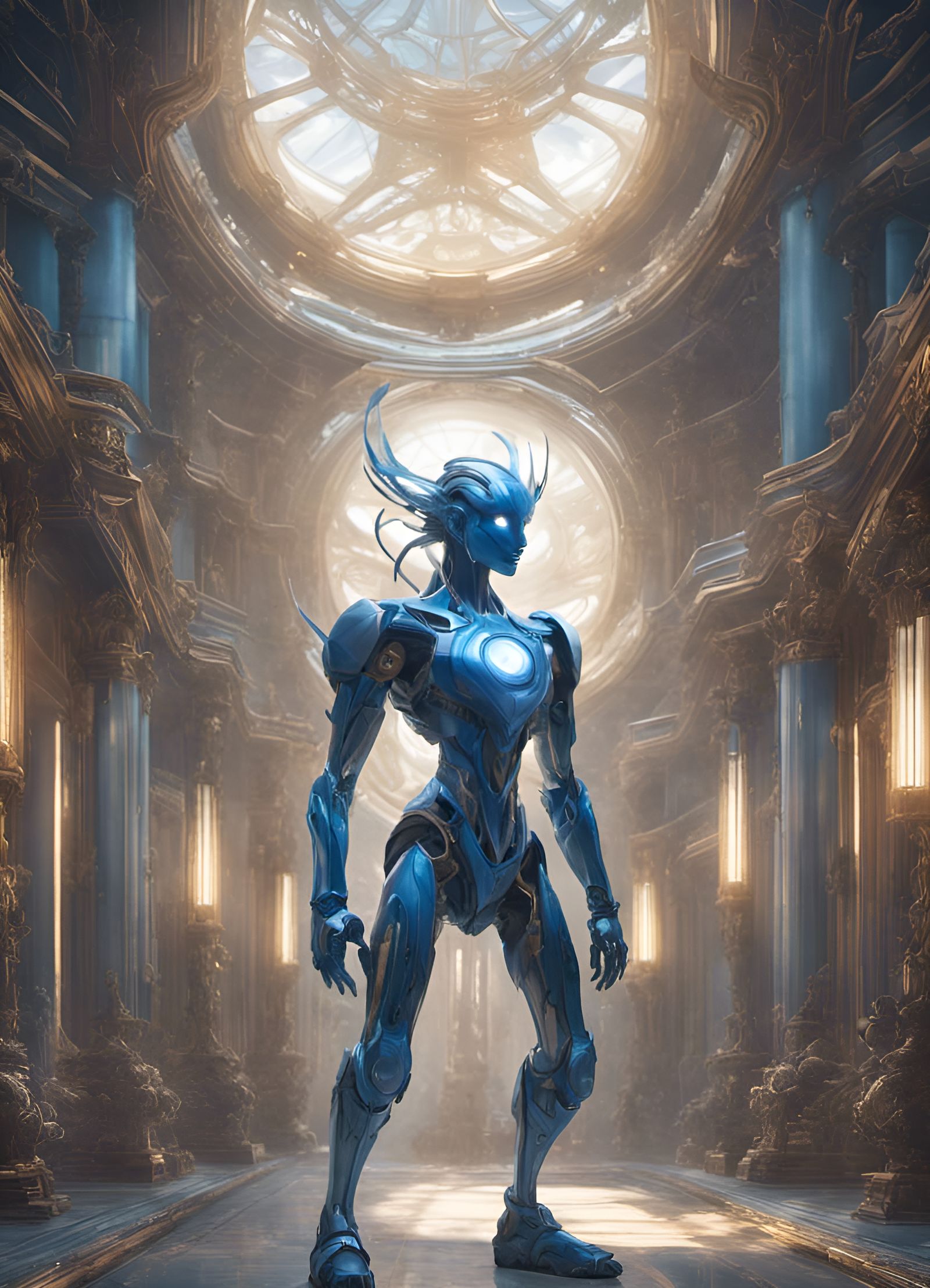 Futuristic Android with Elongated Cranium in Ethereal Style