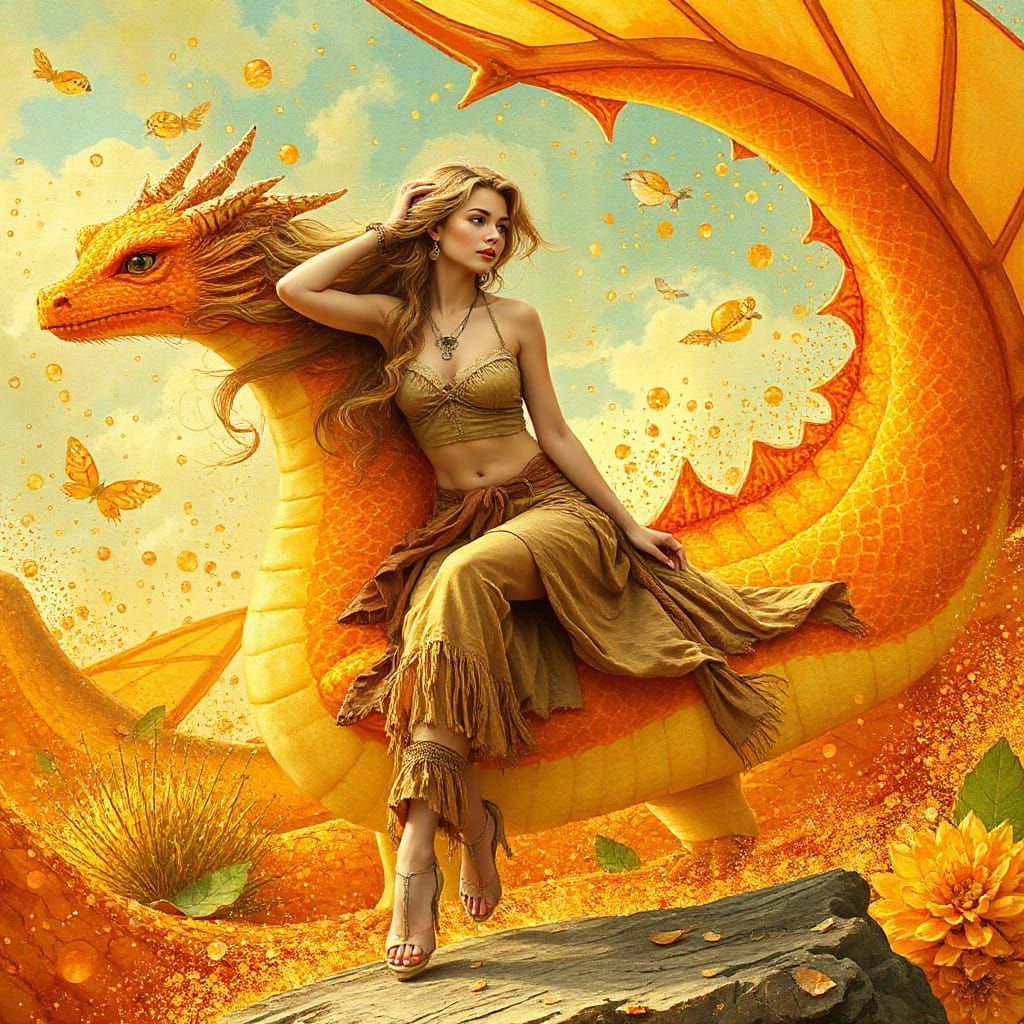 Woman on Gummy Dragon in Effervescent Soda Sea