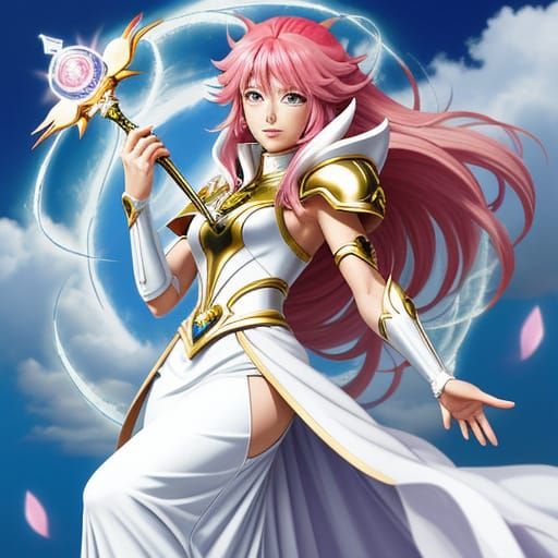 Saint Seiya's Pink-Haired Goddess in Elegant White