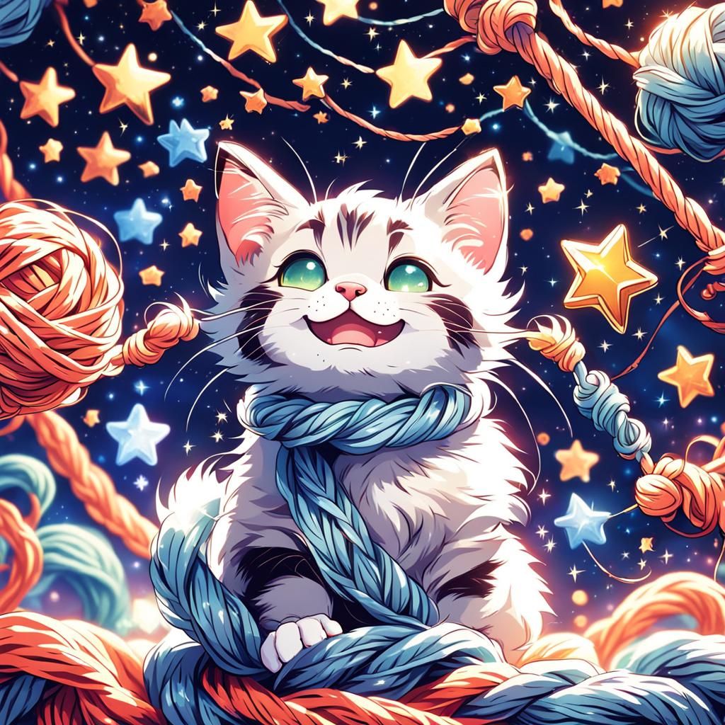 Cute Smiling Cat Plays with Yarn Under Stars