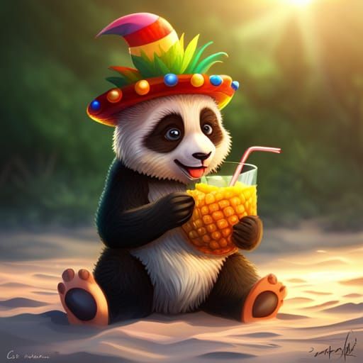 Panda Cub Sipping Cocktail on a Sunny Beach