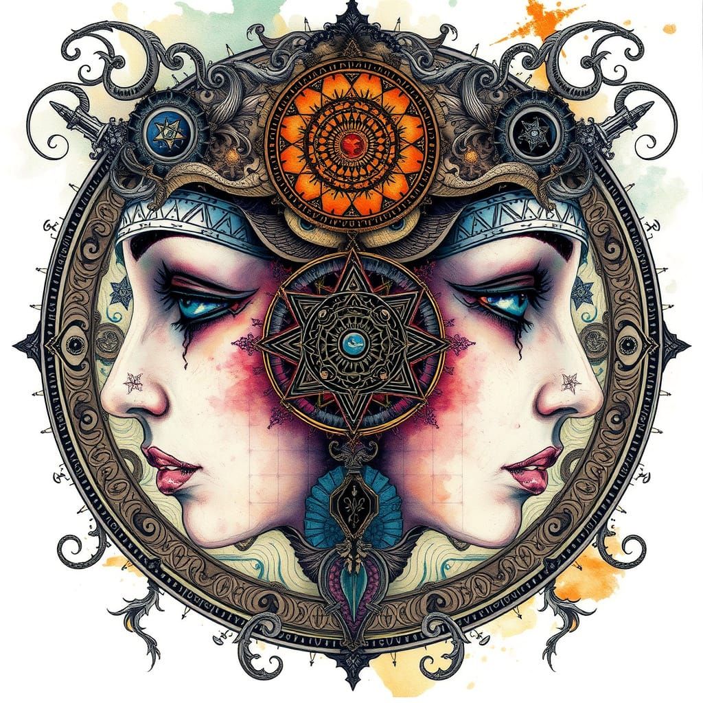 Surreal Watercolor Faces Emerge from Ancient Glyphs