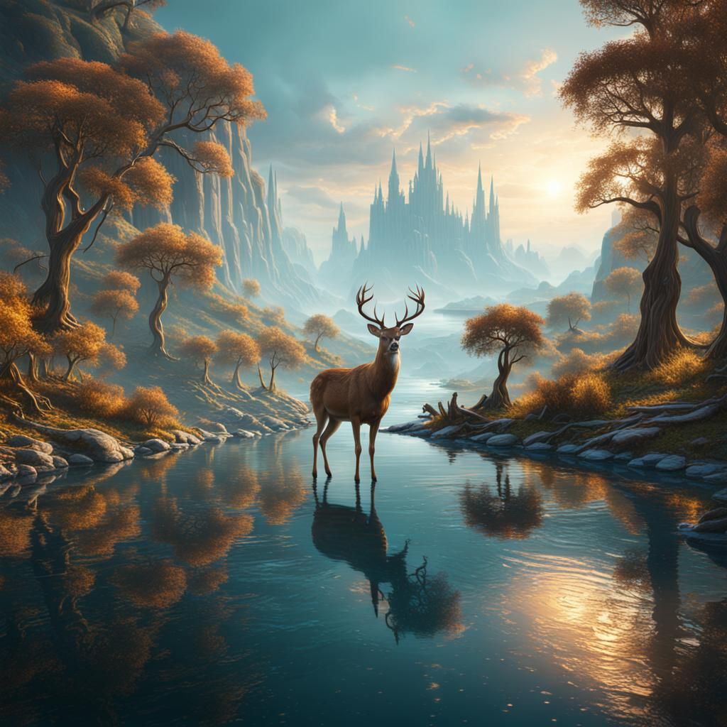 Deer Gazing Into Utopian Reflection