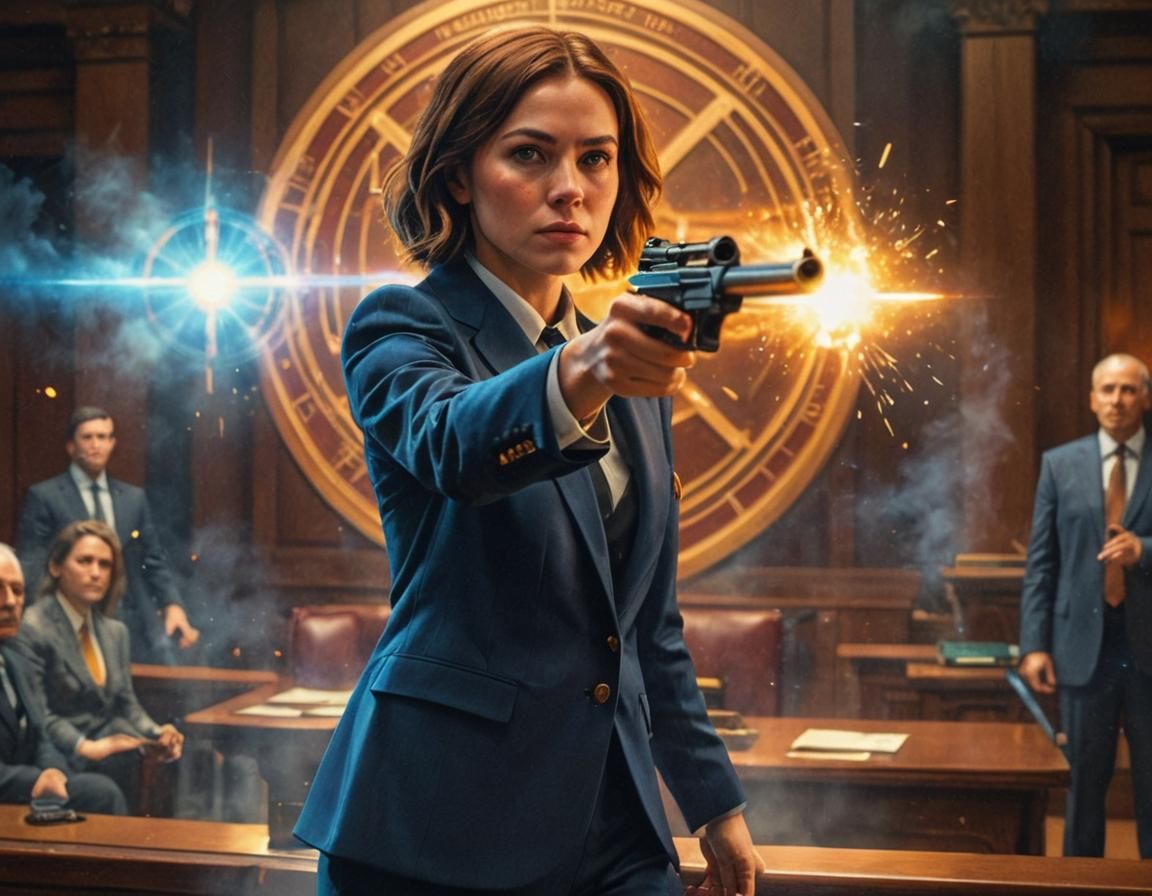 Woman Aims Gun in Courtroom: Hyper-Realistic Digital Art