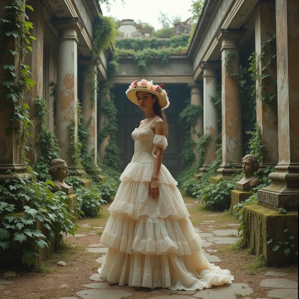 Victorian Woman in Baroque Palace Garden Ruins