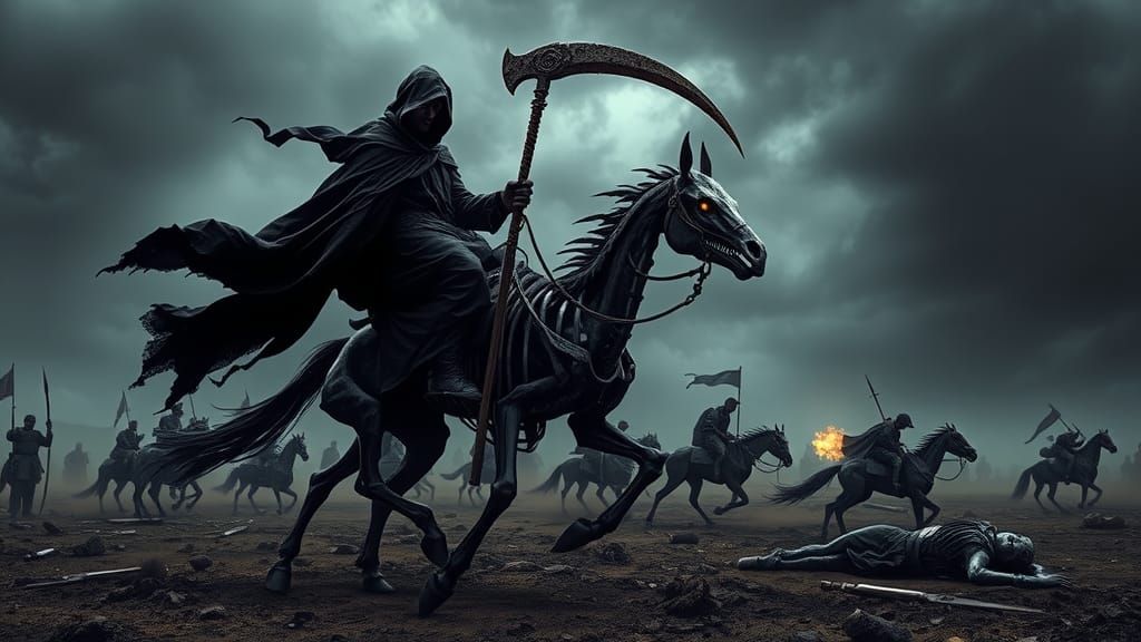 Grim Reaper Rides Skeletal Horse Across Battlefield