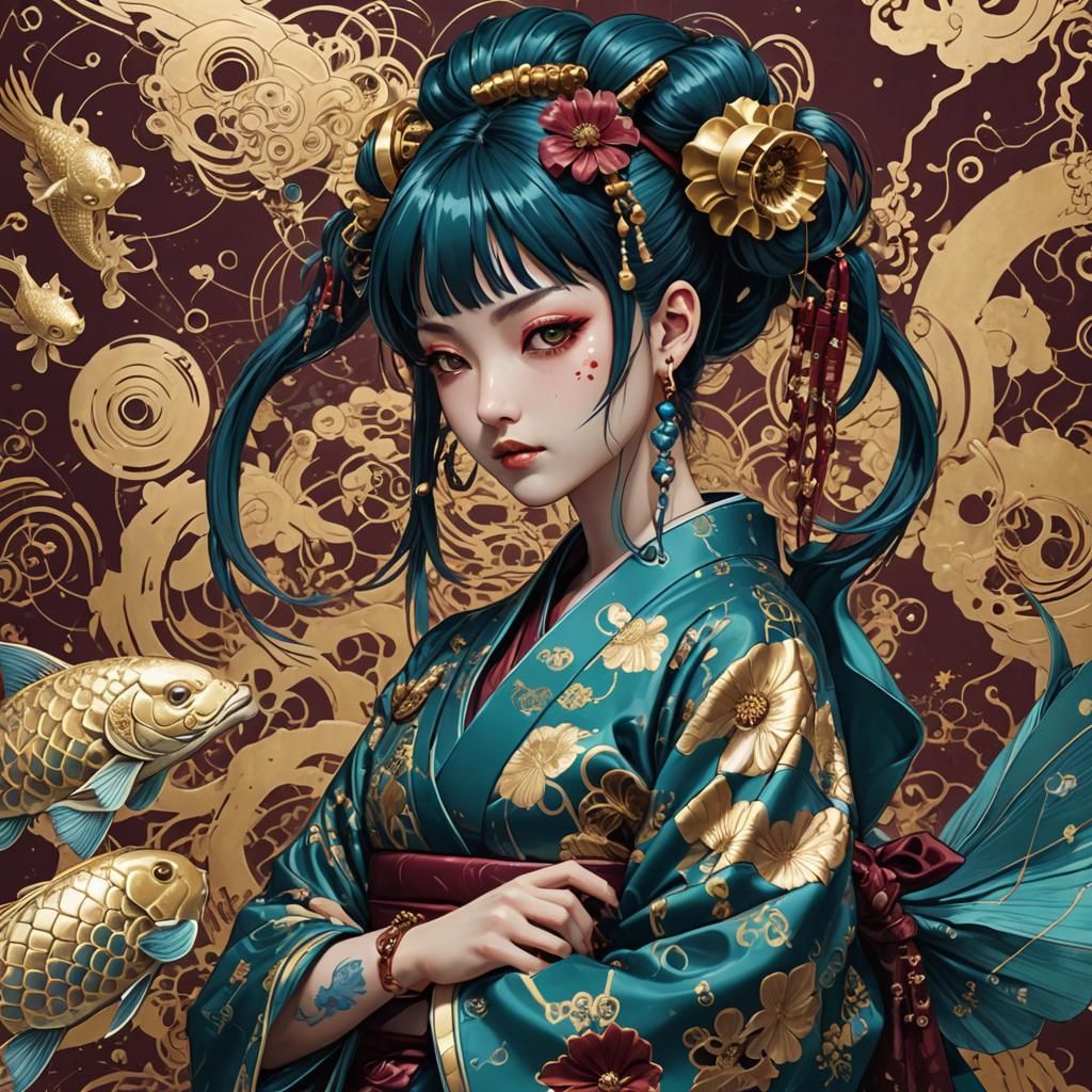 Cyberpunk Damsel in Teal Kimono with Gold Lighting