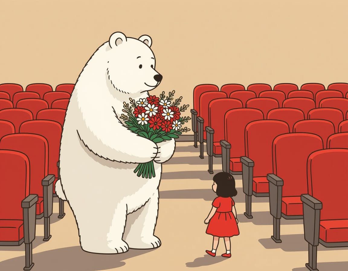 Touching Bear and Girl Illustration in Auditorium