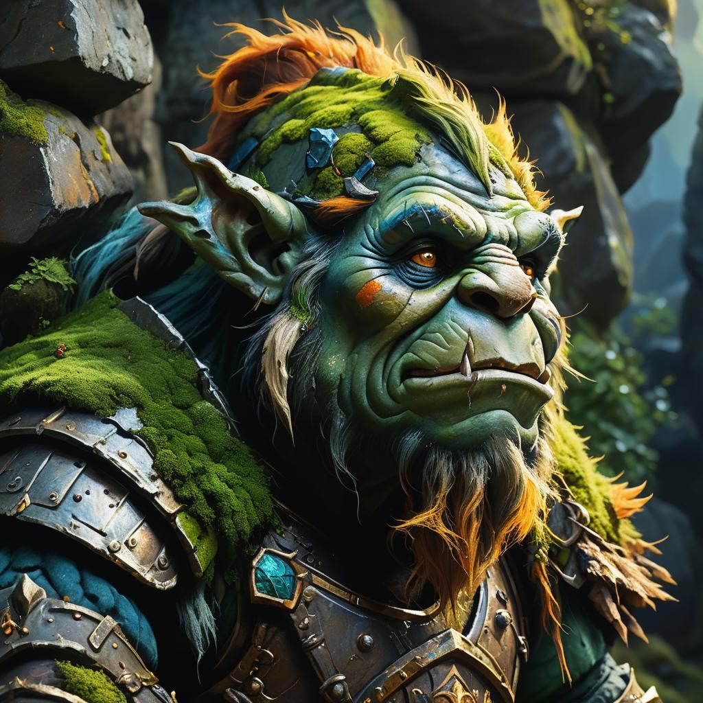 Armored Troll Portrait in Fantasy Landscape