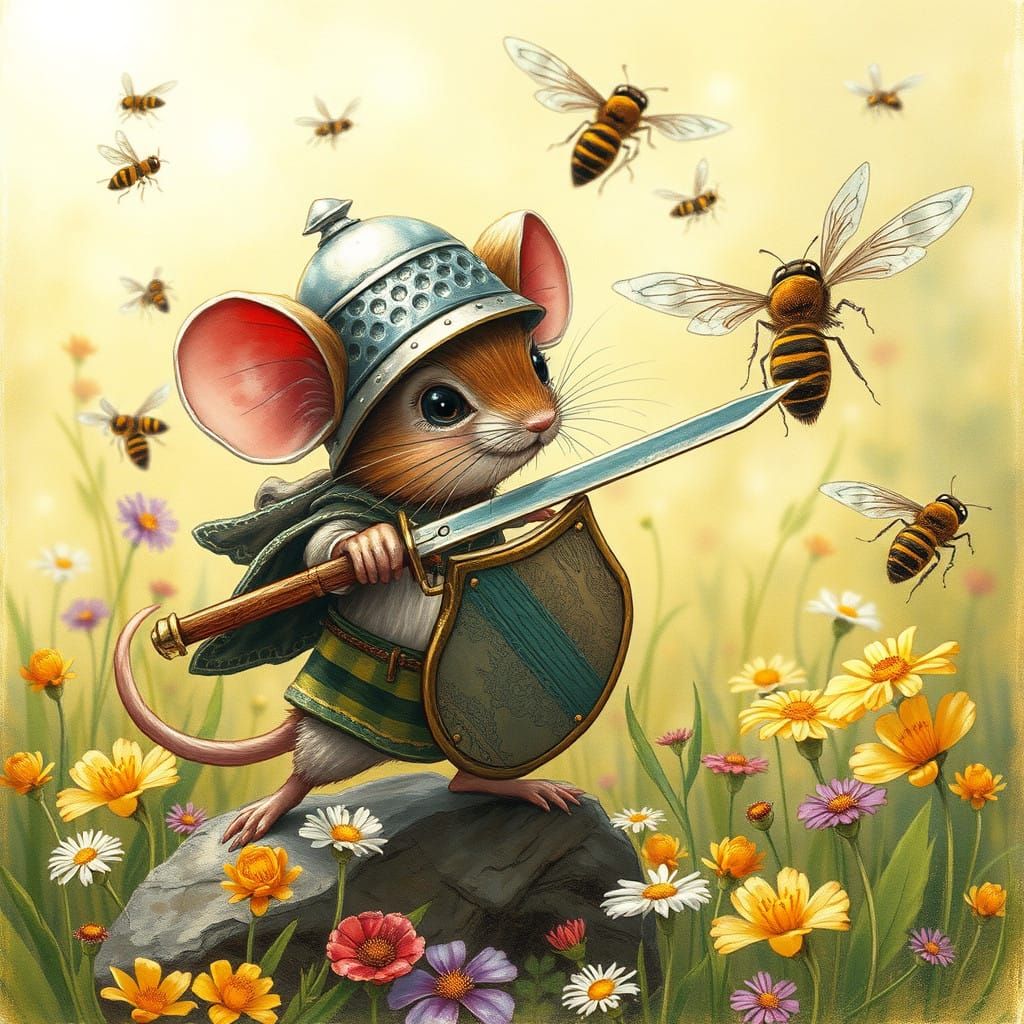Whimsical Mouse Warrior Battles Hornet Swarm in Enchanted Me...