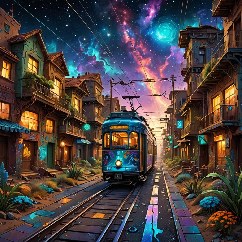 Bioluminescent Tramway Between Galaxy and Magical City
