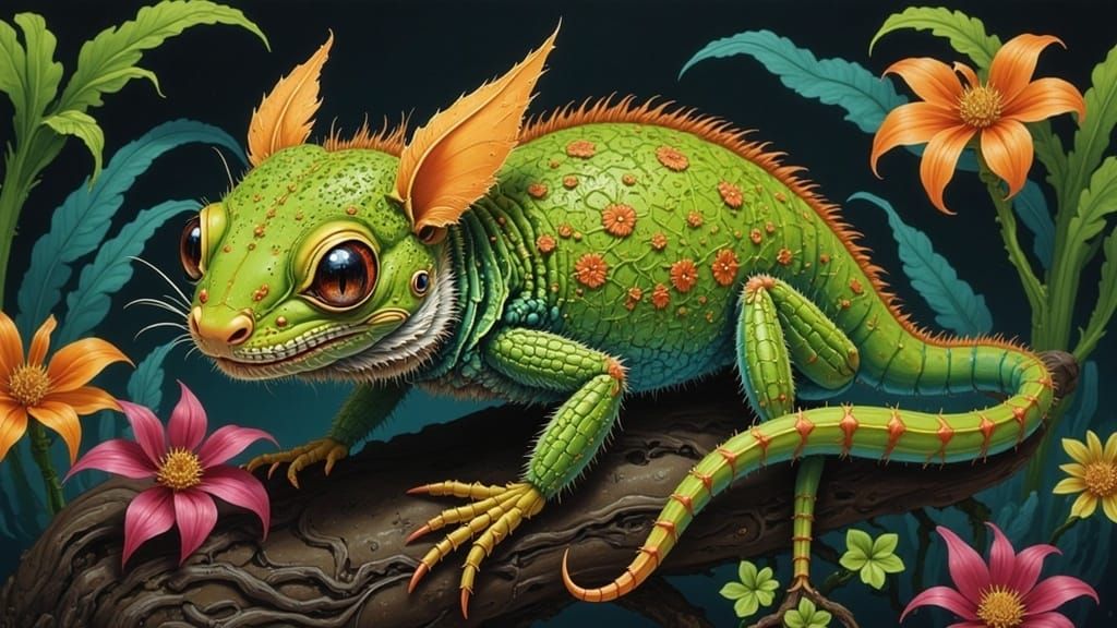 Cartoon Bearded Dragon on Tree Branch