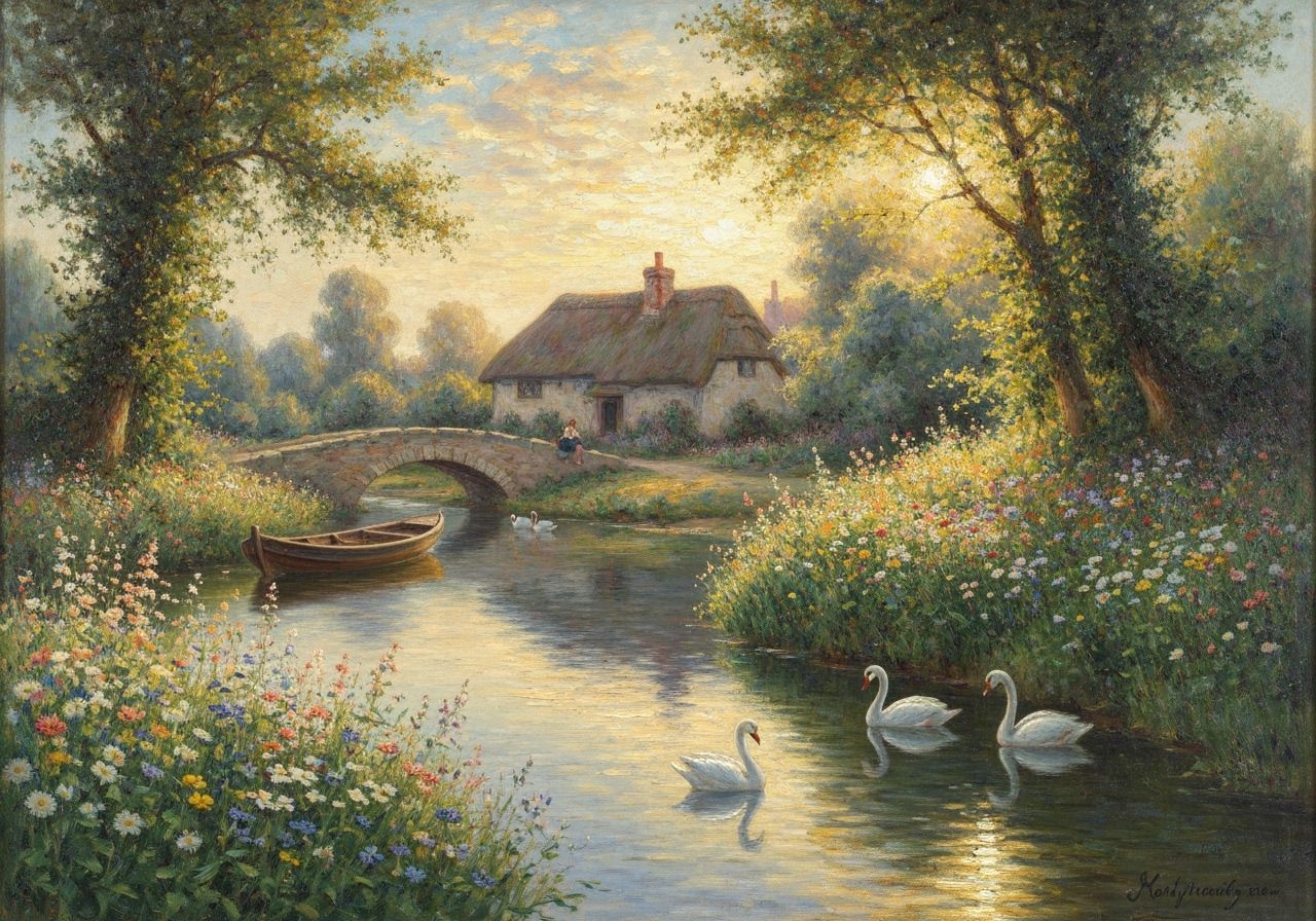 Woodland Garden Sunset in Impressionist Style