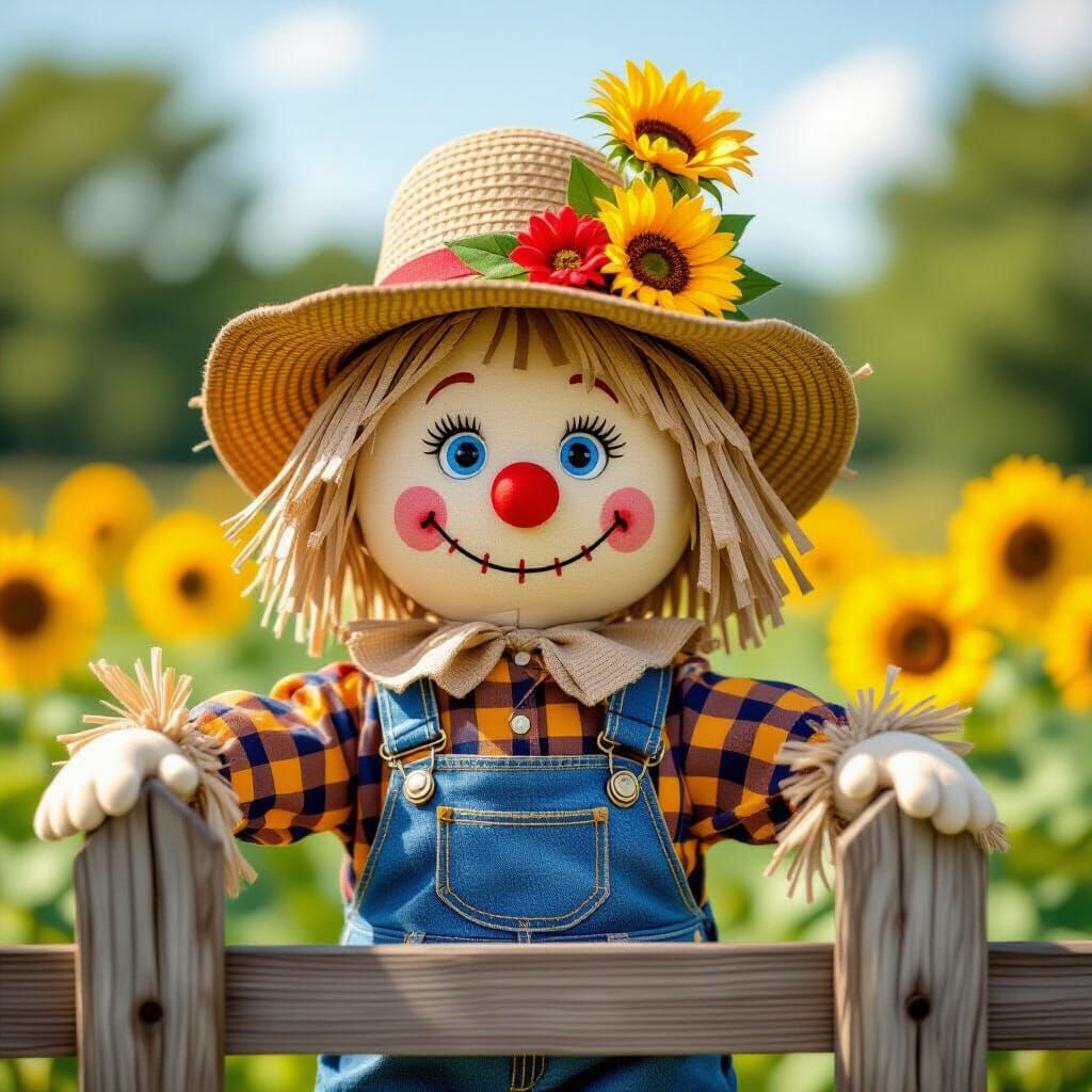 Cheerful Cartoon Scarecrow Doll in Garden Setting