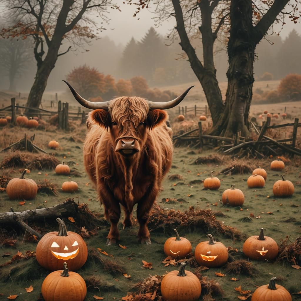 Highland Cow in Autumnal Scottish Witch Scene