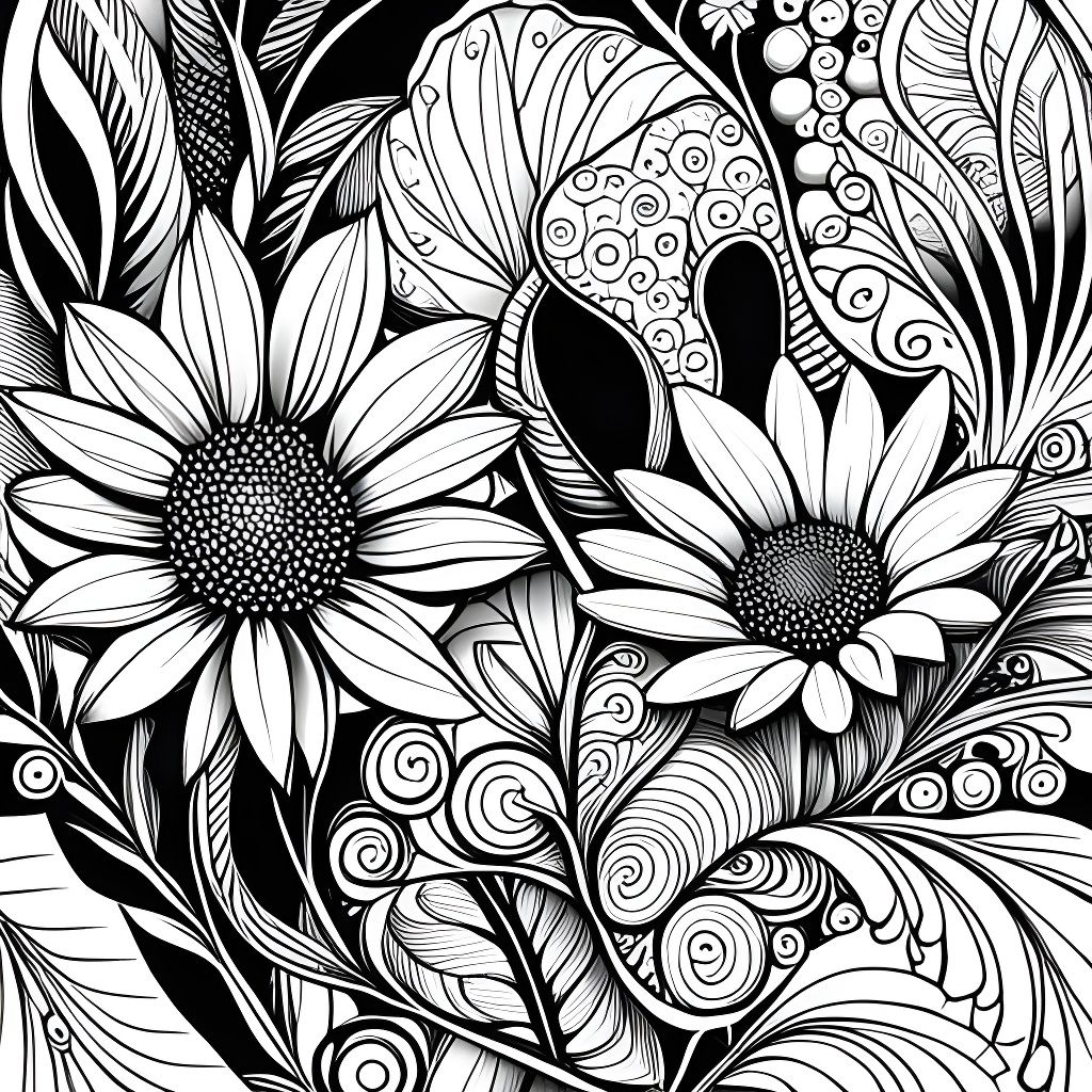 Intricate Monochrome Flower Line Art Illustration