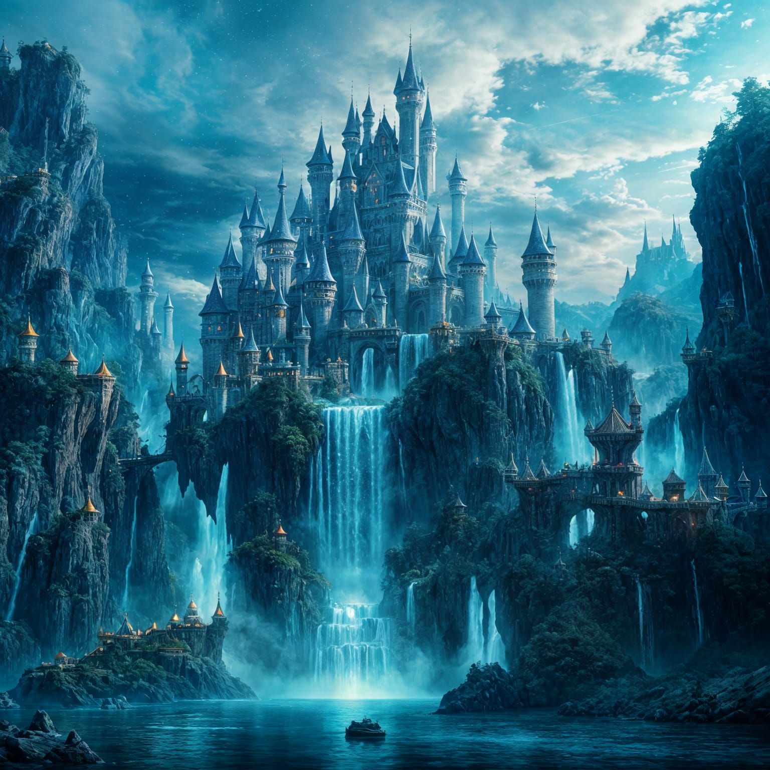 Floating Crystal Castle with Golden Waterfalls