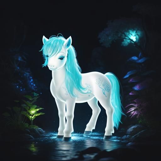 Bioluminescent Chibi Pony by Waterfall in Lush Garden