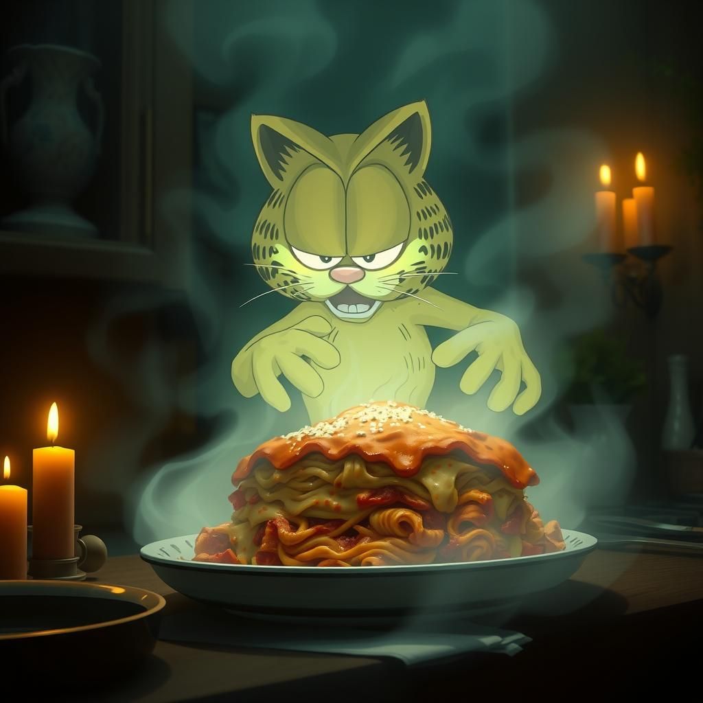 Ghostly Garfield Devours Lasagna in Horror Anime Style