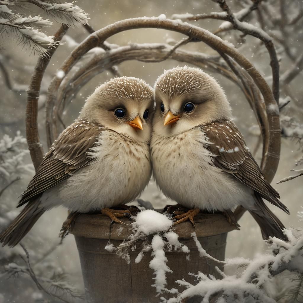 Birds Huddle in Winter Snow, Illustrative Art