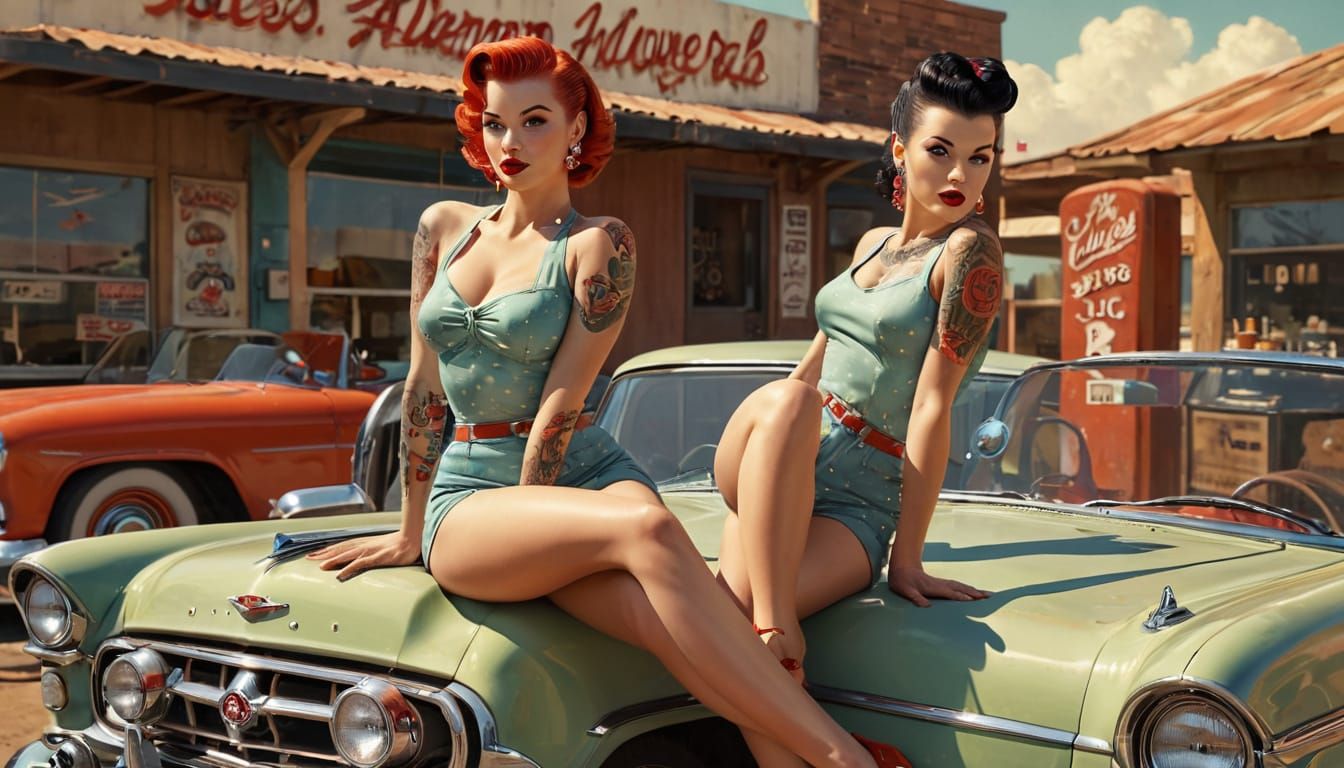 Sultry Pin-up Girl Leans Against Vintage Rat Rod in Desert D...