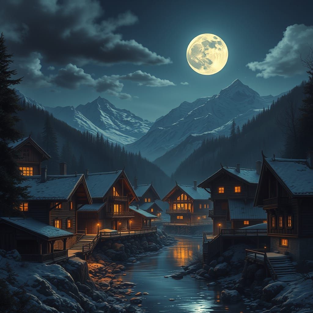 Moonlit Alpine Village: Fantasy Concept Art