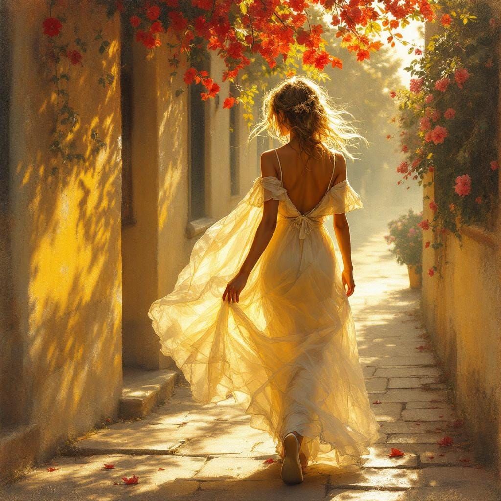 Romantic Woman Walking in Sunlight: Classical Painting Style