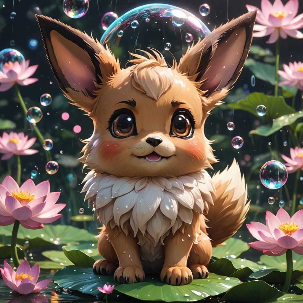 Happy Chibi Eevee on Lotus Blossom in Anime Style