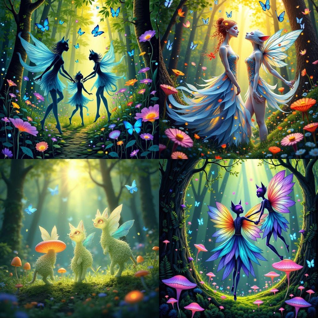 Whimsical Cat Fairies Dancing in a Lush Forest