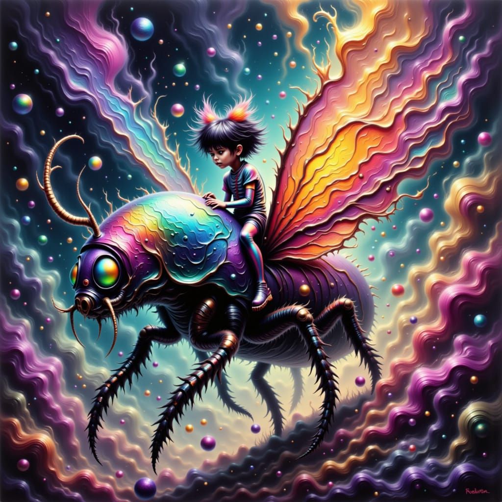 Punk Child Rides Giant Beetle in Cosmic Nebula
