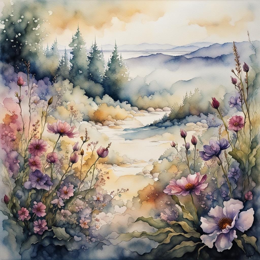 Mystical Morning Scene in Watercolor with Floral Border