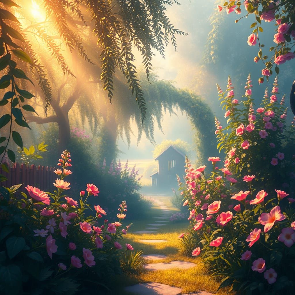 Impressionist Garden Scene in Dreamy Light